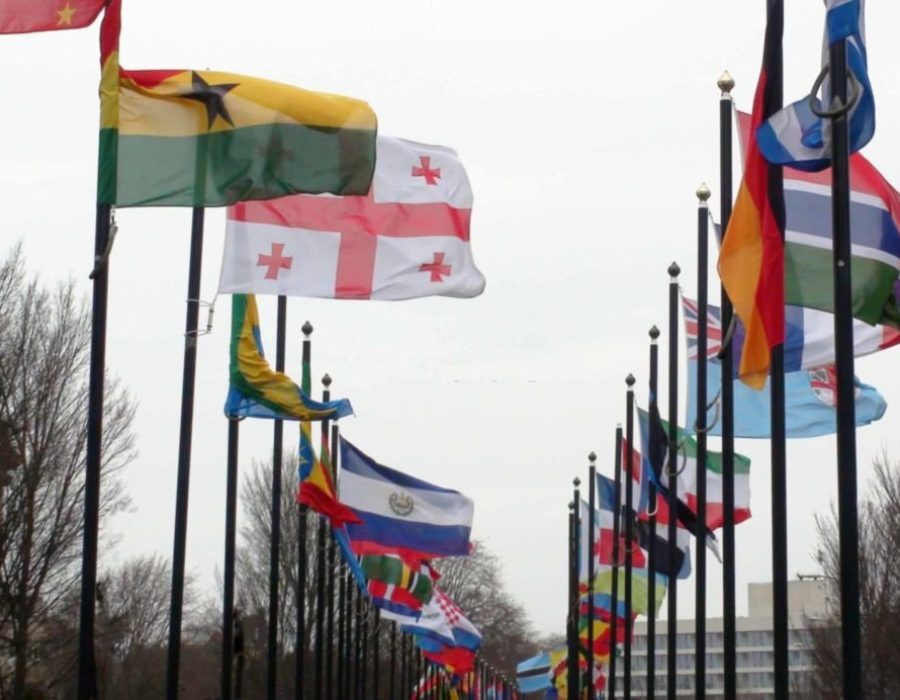 International Flags Waving Scene In Den Haag, South Holland, Europe